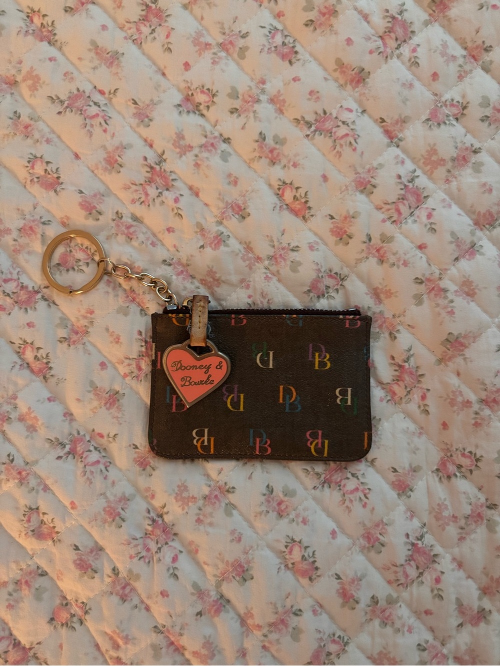 Dooney & Bourke Brown Multicolor Logo Zip Card & Key Pouch with Pink Heart Charm